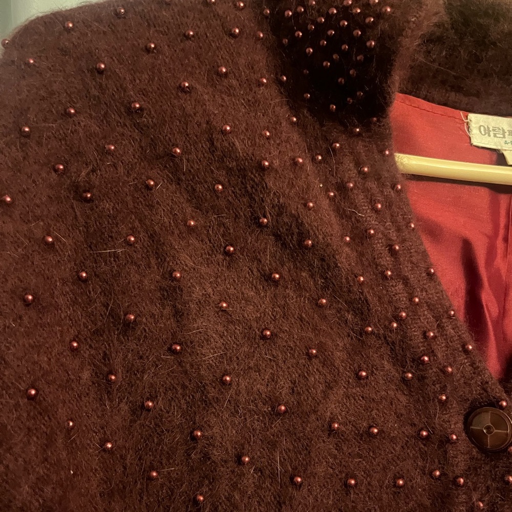 Vintage woman’s Burgundy Angora beaded button down cardigan luxury Soft - Picture 5 of 13